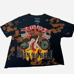 Betty Boop Born To Rule T Shirt M Cropped Bleach Dyed Black Motorcycle Biker